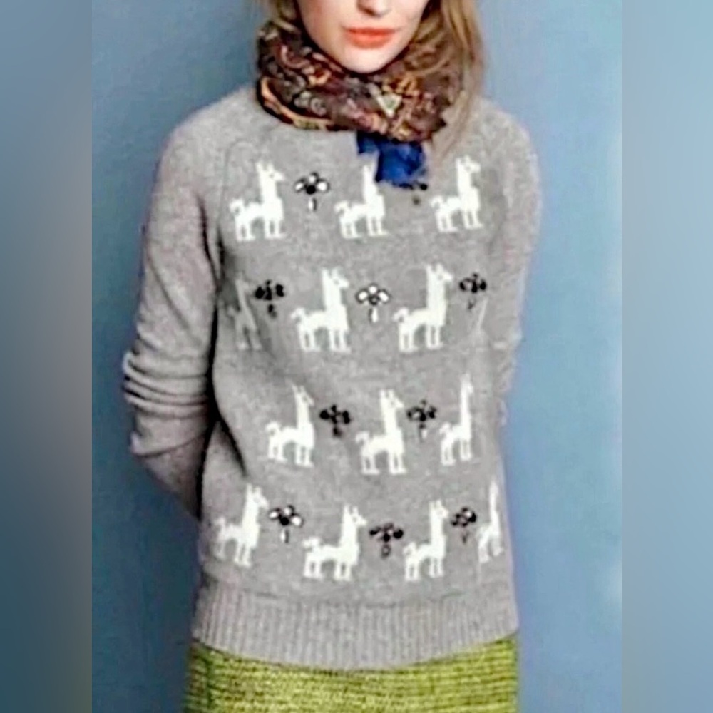J.Crew Llama Sweater Wool Gray Jeweled Embellished Crewneck S